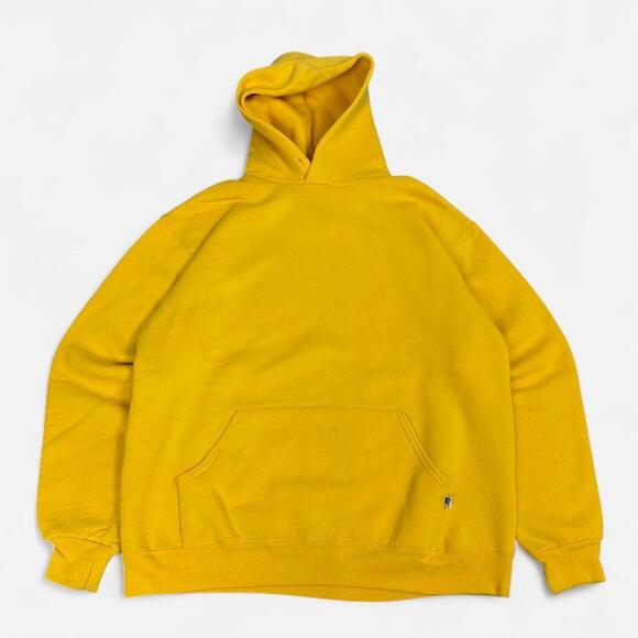 Vintage Yellow Russell Athletic 80s Blank pullover hoodie sweatshirt akimbo Larg